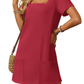 💕Sommeraktion 50% RABATT👗Damen Freizeitkleid mit quadratischem Ausschnitt und Taschen, Kurzarm