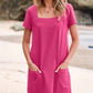 💕Sommeraktion 50% RABATT👗Damen Freizeitkleid mit quadratischem Ausschnitt und Taschen, Kurzarm