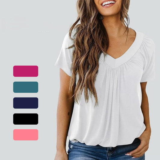 🎁Lässiges Damen-Top mit plissiertem V-Ausschnitt und kurzen Ärmeln👚