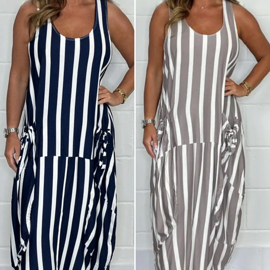 💕2025 Neue Produkte Rabatt - 49%💕👗Übergroßes Kleid mit Streifen, Bindegürtel und Tasche vorne
