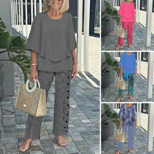 🔥 Sommer-Sale 50% RABATT 💥Lässiges Damen-Zweiteiler-Set mit Rundhalsausschnitt und halblangen Ärmeln, Oberteil und Hose mit Aufdruck