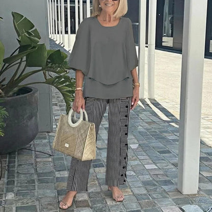 🔥 Sommer-Sale 50% RABATT 💥Lässiges Damen-Zweiteiler-Set mit Rundhalsausschnitt und halblangen Ärmeln, Oberteil und Hose mit Aufdruck